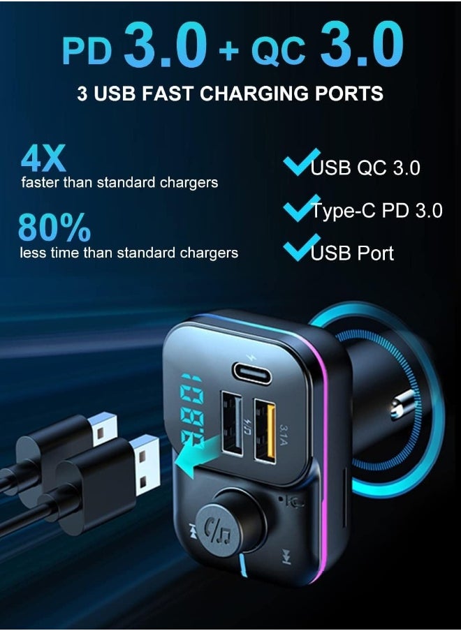 Generic Bluetooth Car Adapter FM Bluetooth Transmitter Car Radio Car Bluetooth Transmitter PD QC Quick Charge 8 RGB LED 3 USB Ports Handsfree Calls Bluetooth 5.0 Supports TF Card and U-Disk  - Image 5
