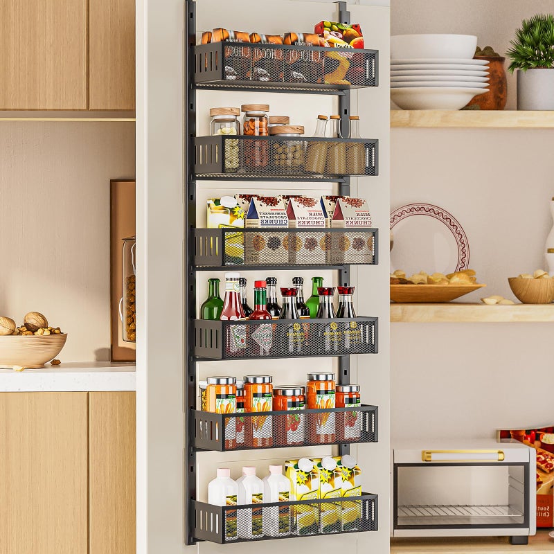 DAOTENGQL 6-Tier Over The Door Pantry Organizer with Mesh Baskets, Adjustable & Stable Hanging Spice Rack for Kitchen, Bathroom, Bedroom, and Baby Essentials Storage (16" W 6-Tiers, Black) - Image 1