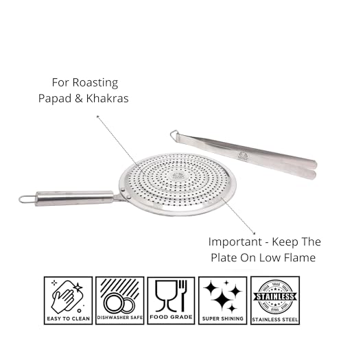 Nyra ® Stainless Steel Round Roaster and Precision Steel Tongs Set | Brinjal, Barbeque Jali | Chapati Toast Grill | Steel Handle - Image 2