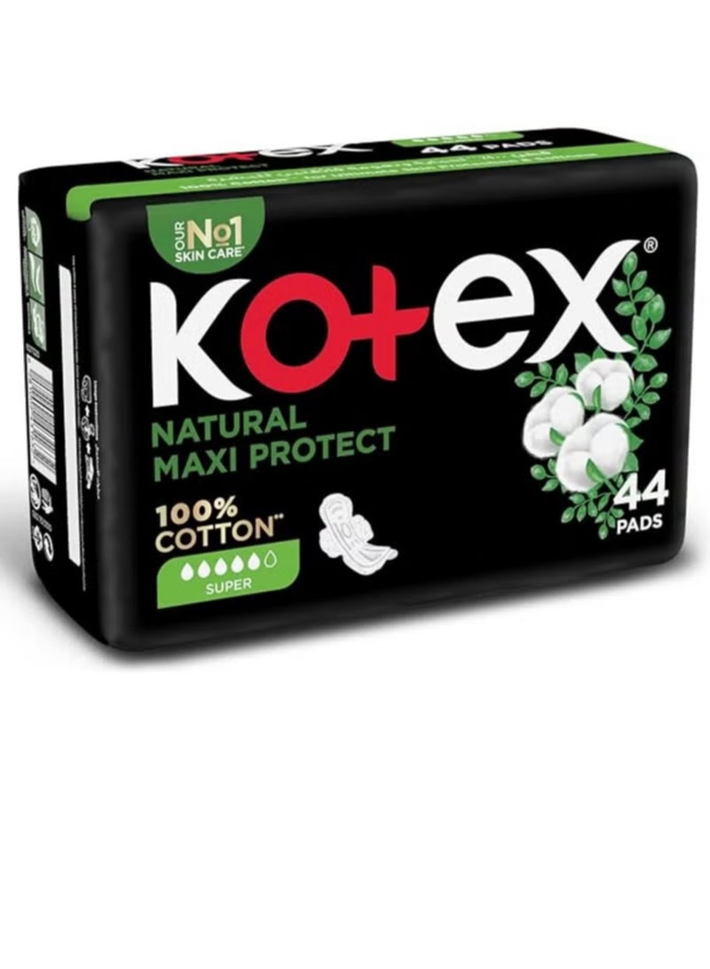Kotex Natural Maxi Protect 100% Cotton Sanitary Pads with Wings, 44 Pads