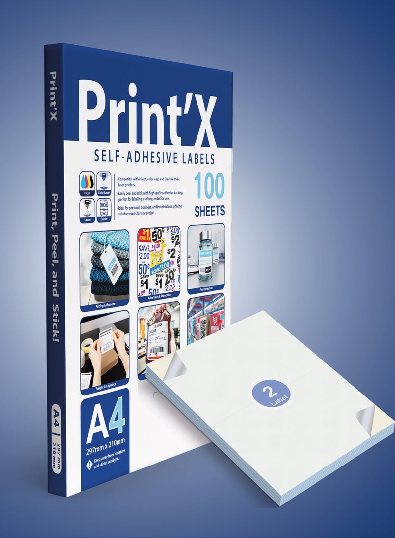 Print'X A4 Sticker Paper – Label Size (210 x 148.5 mm) – 2 Labels per Sheet – Pack of 100 Sheets - Image 1