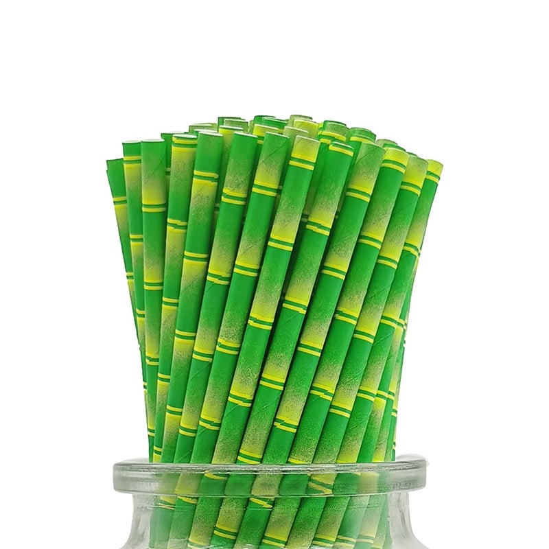 BOFA Eco Tableware Biodegradable Green Bamboo Printed Paper Drinking Straws  Pack of 100 Disposable Bamboo Pattern Straw for Cocktail  Party Decoration - Image 1