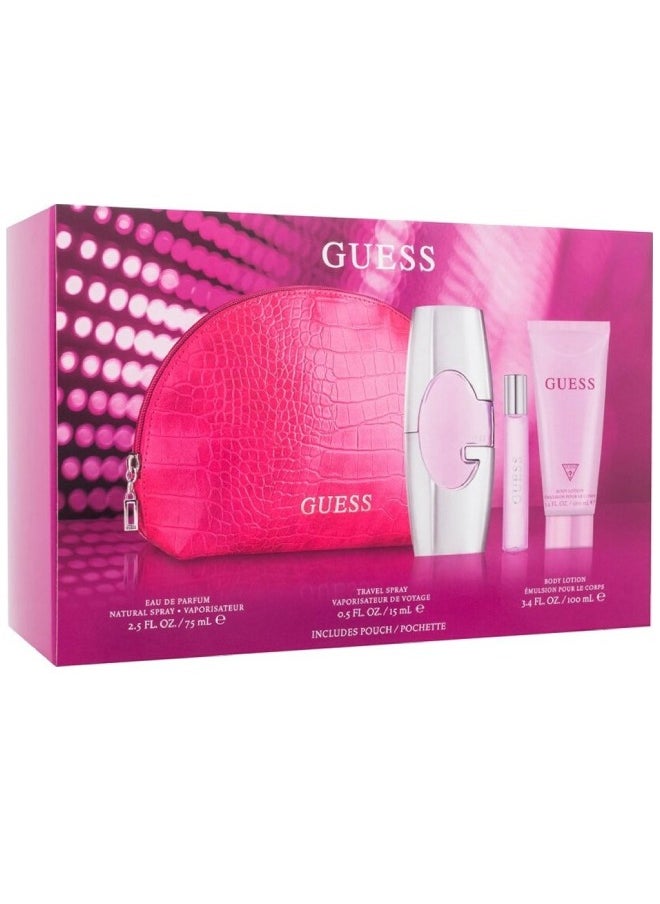 GUESS Guess Pink Women Set Edp 75Ml + 15Ml Travel Spray + 100Ml Body Lotion + Pouch 