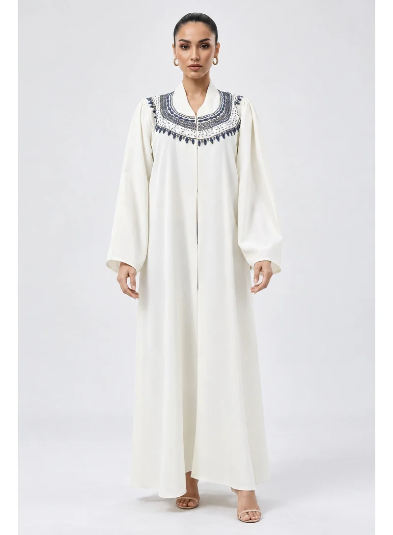 Aara Ivory White Abaya with Navy Blue Embroidery & Beaded Neckline, Wide Sleeves