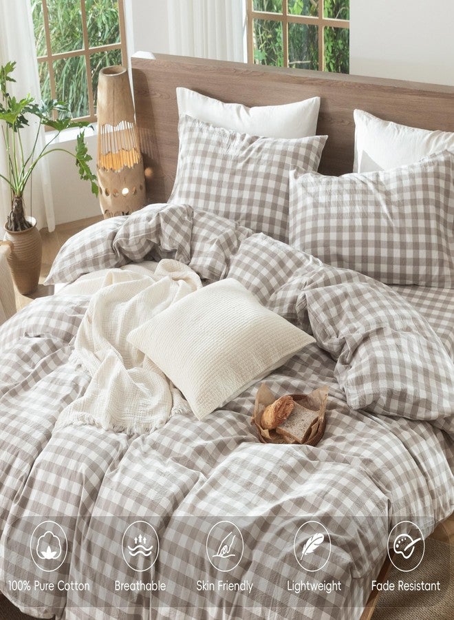 MooMee Gingham Duvet Cover Set 100% Washed Cotton Linen Like Textured Breathable Durable Soft Comfy Modern Checkered Design (Buffalo Plaid Tannish Linen Grey, Full 80"x90") - Image 5