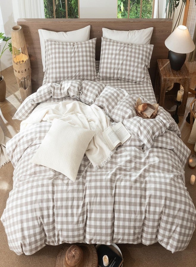 MooMee Gingham Duvet Cover Set 100% Washed Cotton Linen Like Textured Breathable Durable Soft Comfy Modern Checkered Design (Buffalo Plaid Tannish Linen Grey, Full 80"x90") - Image 4