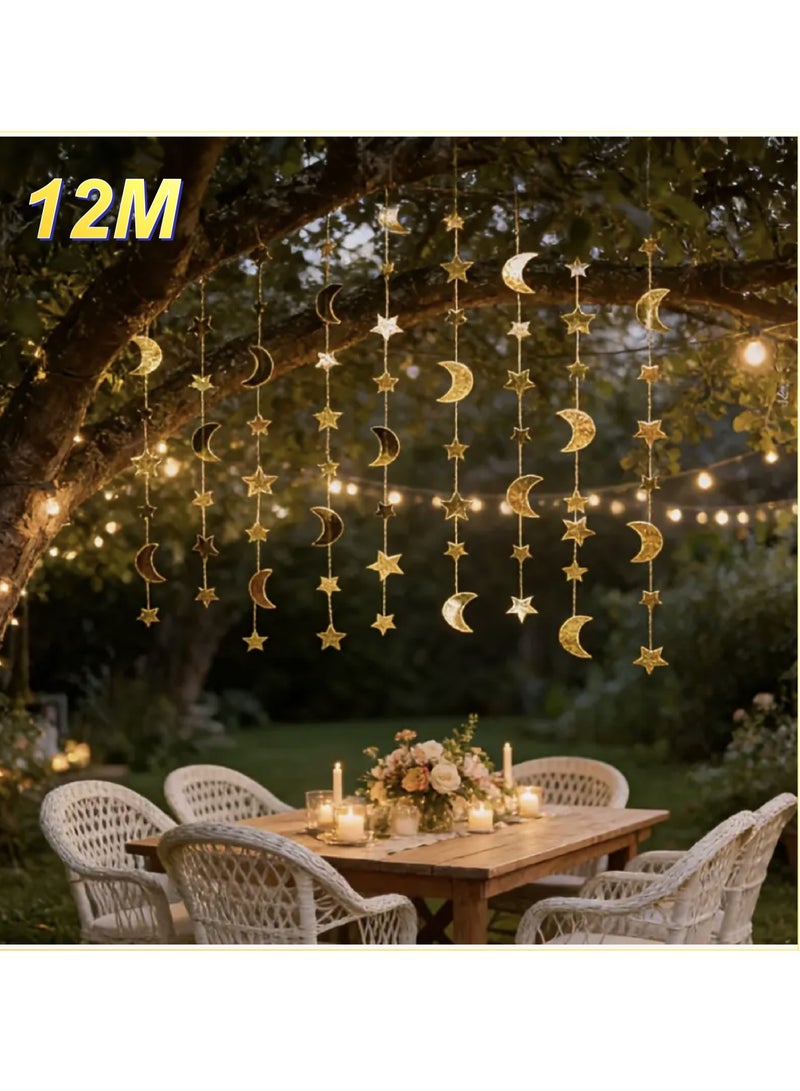 ohmoon 12M Ramadan Hanging Decoration,Golden Star and Moon Shaped Paper Streamers, No Power Needed,Party Decoration,Atmosphere Decorative Supplies - Image 1