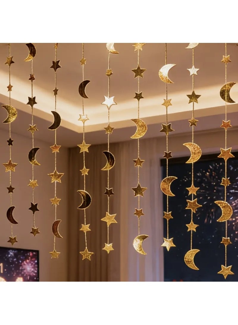 ohmoon 12M Ramadan Hanging Decoration,Golden Star and Moon Shaped Paper Streamers, No Power Needed,Party Decoration,Atmosphere Decorative Supplies - Image 3