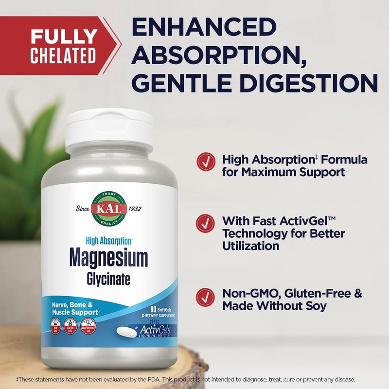 KAL كالسيد مغنيسيوم جليسينات ActivGels 315 ملغ مكمل مغنيسيوم عالي الامتصاص لدعم صحة العضلات والأعصاب والعظام خالي من الكائنات المعدلة وراثيًا وخالي من الغلوتين 30 حصة 90 كبسولة لينة - Image 4