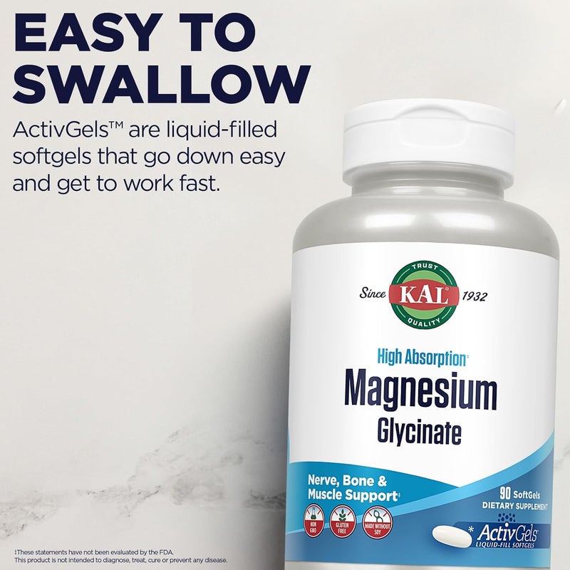 KAL كالسيد مغنيسيوم جليسينات ActivGels 315 ملغ مكمل مغنيسيوم عالي الامتصاص لدعم صحة العضلات والأعصاب والعظام خالي من الكائنات المعدلة وراثيًا وخالي من الغلوتين 30 حصة 90 كبسولة لينة - Image 5
