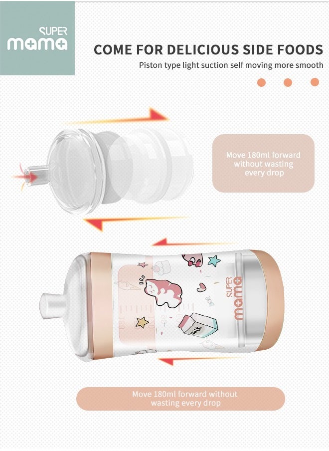 SUPERMAMA - Baby Food Feeder Bottle With Soft Silicone Nipple Self-Feeding Pacifier for Toddlers Eat Liquid or Complementary Food, 180ml, with A Spoon - Image 1