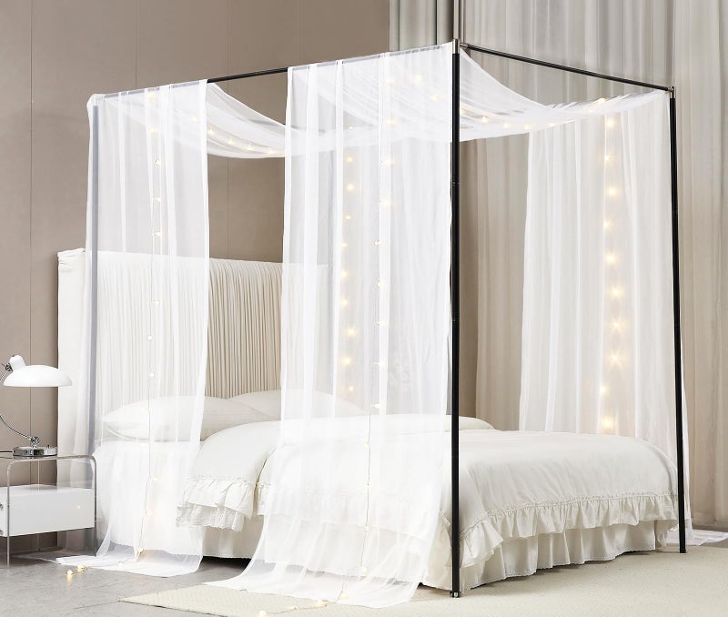 Akiky Akiky Canopy Bed Curtains with Light Princess Bed Canopy Scarf for FullQueen Metal Bed FrameWood Frame Bed2 Panel Sheer CurtainFullQueenWhite 