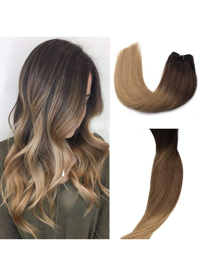 Smavida Real Human Hair Clip On Hair Extensions Thickened 7Pcs 120G/Set Dark Brown To Chocolate Brown Highlight Caramel Blonde Balayage Silky Straight Clip In Hair For White Women (16Inches2T6T8) - Image 1