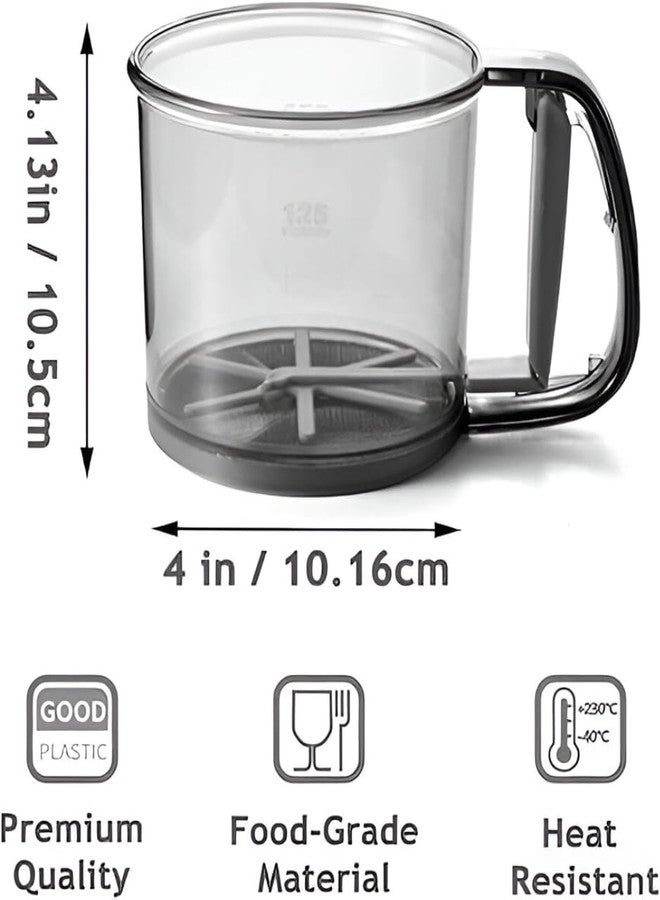 DEVYAMI Hand Press Flour Sifter Cup with Handle, Fine Mesh Sieve, Transparent Plastic Body with Measurement Markings - Image 2