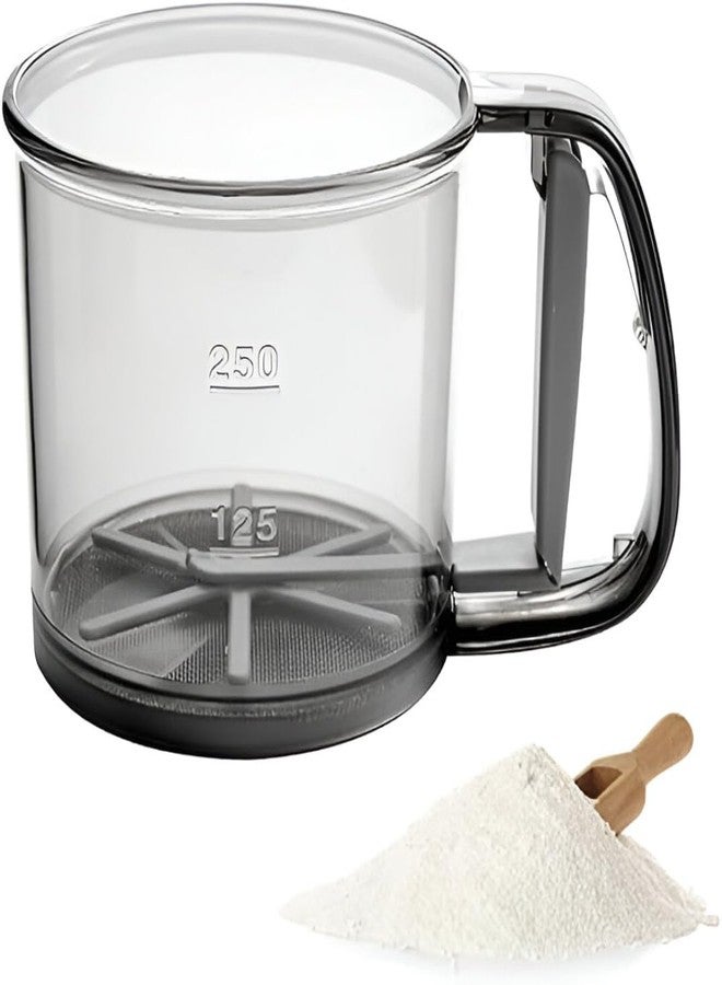 DEVYAMI Hand Press Flour Sifter Cup with Handle, Fine Mesh Sieve, Transparent Plastic Body with Measurement Markings - Image 1