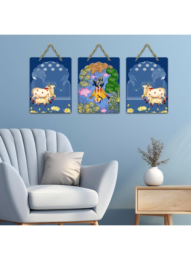 Artvibes Sacred Cow And Shri Krishna Religious Wall And Door Hanging for Home | Spiritual Decor Items | Wall Illustrations | Artwork| Stylish Modern Decor Item | Gift Items (WH_9660N), Set of 3 - Image 4