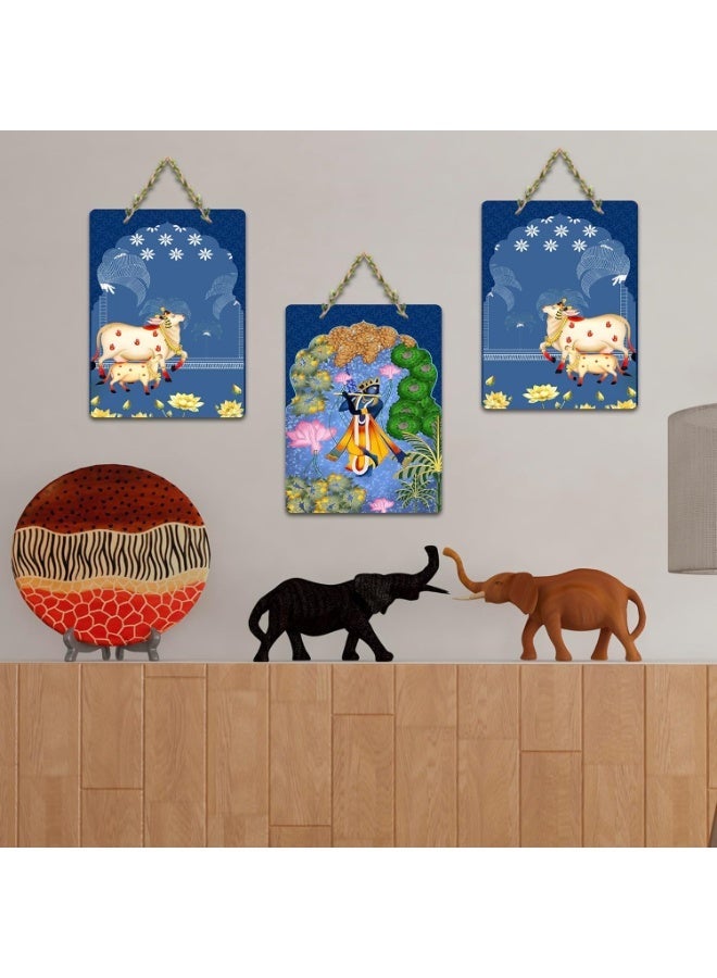 Artvibes Sacred Cow And Shri Krishna Religious Wall And Door Hanging for Home | Spiritual Decor Items | Wall Illustrations | Artwork| Stylish Modern Decor Item | Gift Items (WH_9660N), Set of 3 - Image 3