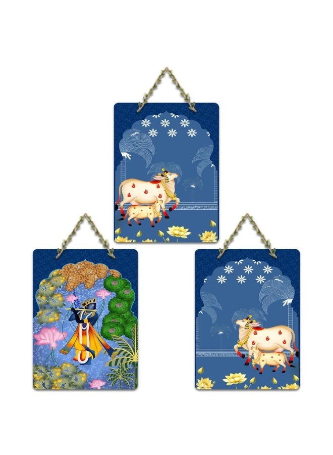 Artvibes Sacred Cow And Shri Krishna Religious Wall And Door Hanging for Home | Spiritual Decor Items | Wall Illustrations | Artwork| Stylish Modern Decor Item | Gift Items (WH_9660N), Set of 3 - Image 1