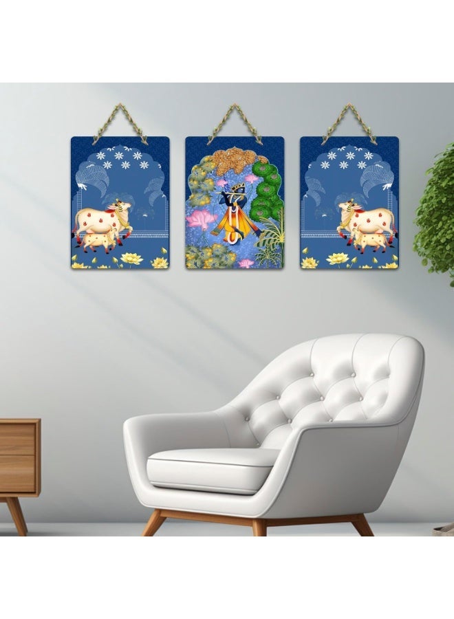 Artvibes Sacred Cow And Shri Krishna Religious Wall And Door Hanging for Home | Spiritual Decor Items | Wall Illustrations | Artwork| Stylish Modern Decor Item | Gift Items (WH_9660N), Set of 3 - Image 2