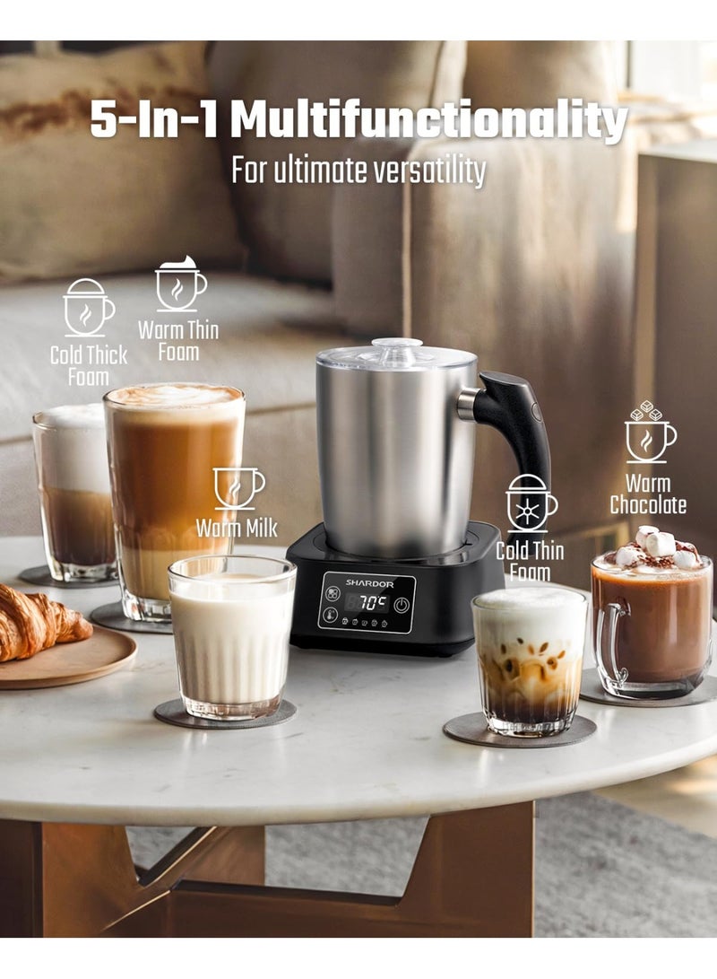 شاردور مُبَخِّر وقَامِع حليب كهربائي 5 في 1، مع إعدادات حرارة قابلة للتعديل، سعة 500 مل من الفولاذ المقاوم للصدأ القابل للفصل، يصنع رغوة ساخنة وباردة للمشروبات مثل القهوة واللاتيه والشوكولاتة الساخنة، آمن للغسيل في غسالة الصحون. - Image 2