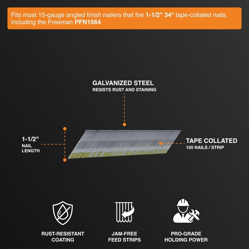 Freeman Angled Finish Nails | 15 Gauge | 34 Degree | 1-1/2" | Tape Collated | Galvanized Steel | 1,000 Count | Trim, Moulding, Cabinetry, Baseboards, Furniture, Door & Window Casing | AF1534-15 - Image 3