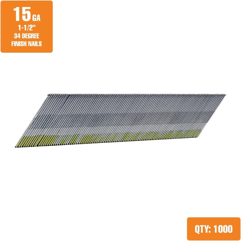 Freeman Angled Finish Nails | 15 Gauge | 34 Degree | 1-1/2" | Tape Collated | Galvanized Steel | 1,000 Count | Trim, Moulding, Cabinetry, Baseboards, Furniture, Door & Window Casing | AF1534-15 - Image 1