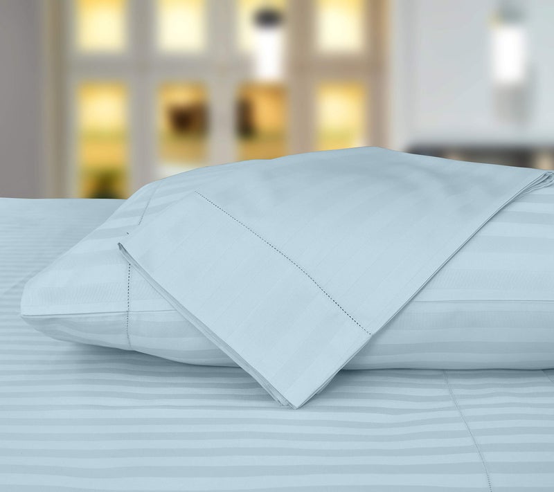 Threadmill Threadmill 500 Thread Count Twin Size Damask Stripe  3 Pc Luxury Cotton Bedding Set  Breathable Light Blue Sheets with 15"" Elasticized Deep Pocket  1 Pillowcase & Free Tote Bag  - Image 3