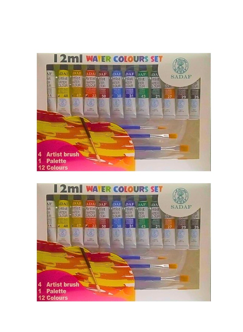 Sadaf Water Colors Set 12ml 12 Colors With Brushes And Plastic Palette 2-Sets - Image 1