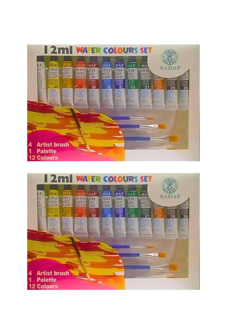 Sadaf Water Colors Set 12ml 12 Colors With Brushes And Plastic Palette 2-Sets - Image 2