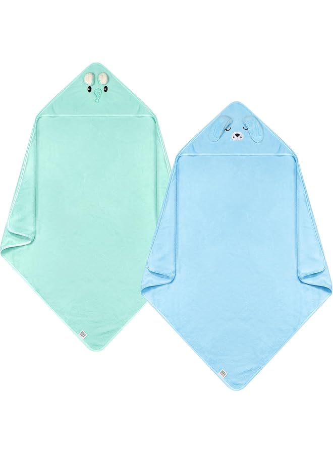 Excefore Baby Hooded Towel 2 Pcs 32 X 32 In Coral Fleece Hooded Towel Infant Towels Absorbent Soft Bath Towel Baby With Bear Ear For Newborn Toddler Infant Baby Shower Stuff Gift (Blue Green) - Image 1
