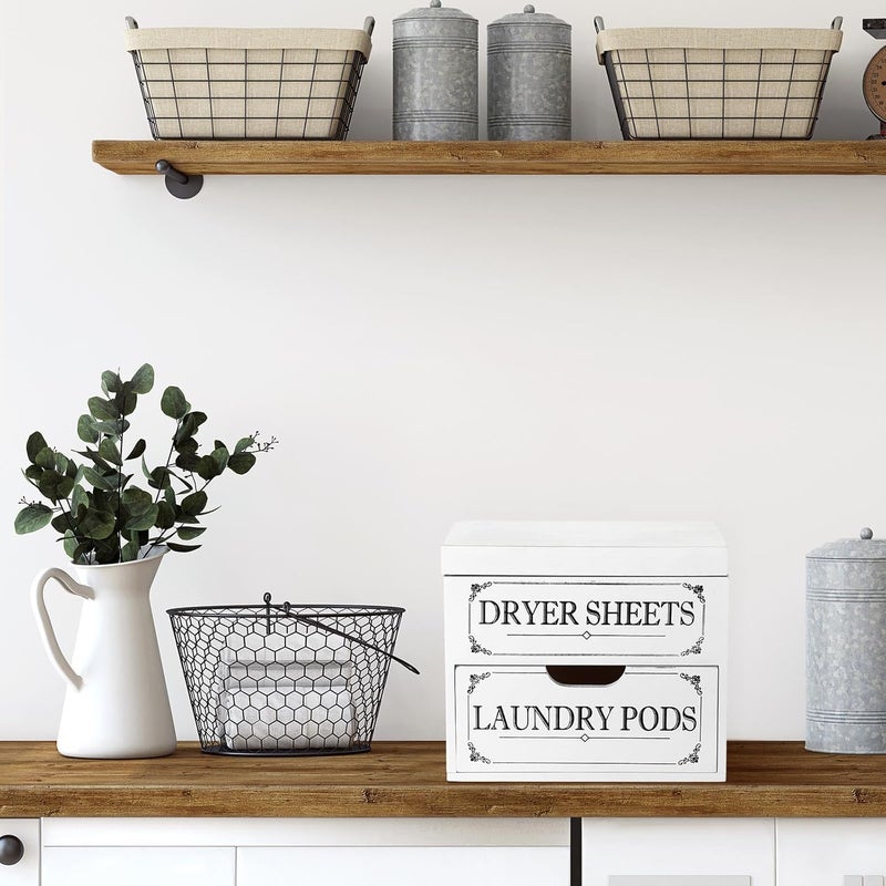 Tatuo Dryer Sheet Holder with Hinged Lid Farmhouse Dryer Sheet Dispenser Rustic Container Box Laundry Room Decor for Laundry Room Organization Fabric Pods, White - Image 2