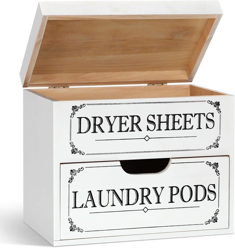 Tatuo Dryer Sheet Holder with Hinged Lid Farmhouse Dryer Sheet Dispenser Rustic Container Box Laundry Room Decor for Laundry Room Organization Fabric Pods, White - Image 1