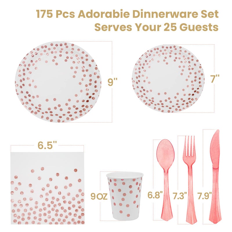 AIRE 175Pcs White Rose Gold Paper Plates Dinnerware Sets for 25 Guests, Party Supplies Disposable Paper Party Plates Napkins Cups Plastic Forks Knives Spoons For Birthday Baby Shower Wedding New Year - Image 2