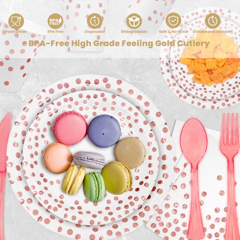 AIRE 175Pcs White Rose Gold Paper Plates Dinnerware Sets for 25 Guests, Party Supplies Disposable Paper Party Plates Napkins Cups Plastic Forks Knives Spoons For Birthday Baby Shower Wedding New Year - Image 3