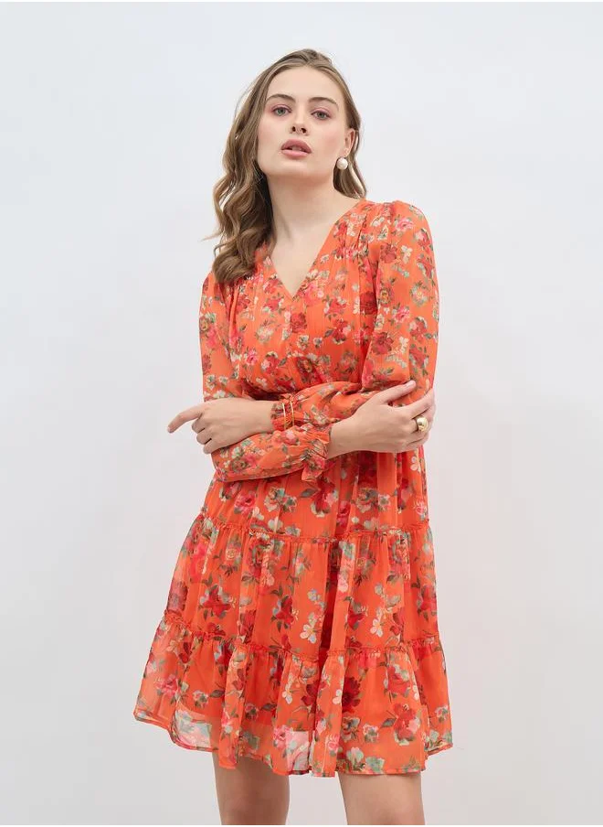 ستايلي Styli All-Over Floral Print V Neck A-Line Knee Length Dress