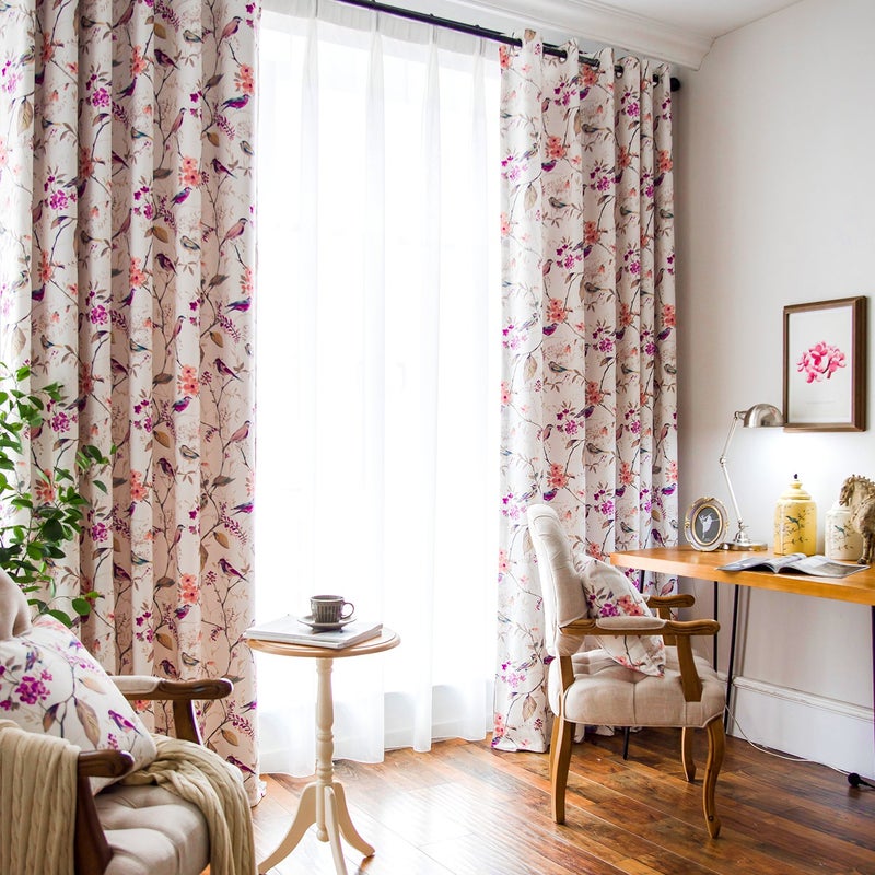 Purple Bird Print Linen Textured Curtains, 52x84, 1 Panel, Grommet - Image 1