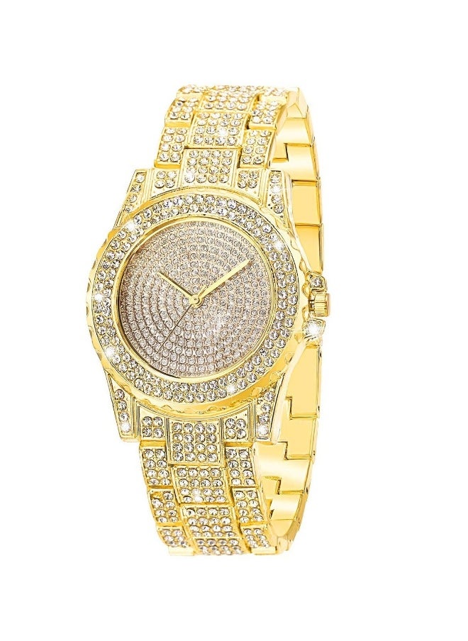 Generic - Luxury Ladies Watch Iced Out Watch with Quartz Movement Crystal Rhinestone Diamond Watches for Women Stainless Steel Wristwatch Full Diamonds (Gold) - Image 1