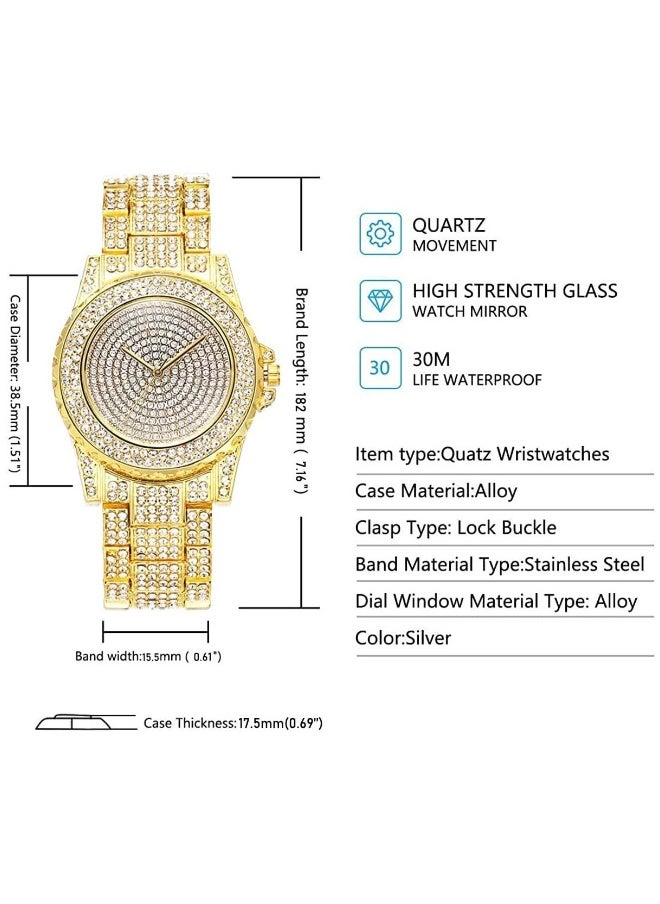 Generic - Luxury Ladies Watch Iced Out Watch with Quartz Movement Crystal Rhinestone Diamond Watches for Women Stainless Steel Wristwatch Full Diamonds (Gold) - Image 1