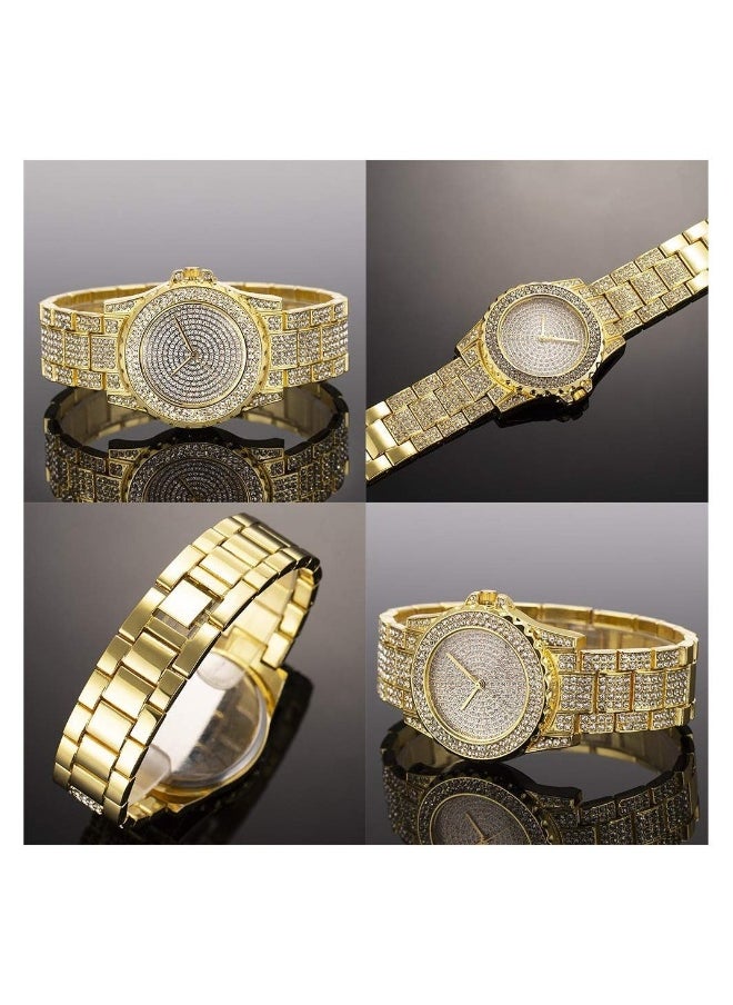 Generic - Luxury Ladies Watch Iced Out Watch with Quartz Movement Crystal Rhinestone Diamond Watches for Women Stainless Steel Wristwatch Full Diamonds (Gold) - Image 1