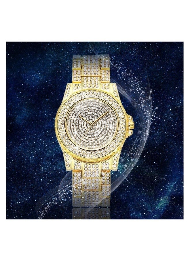 Generic - Luxury Ladies Watch Iced Out Watch with Quartz Movement Crystal Rhinestone Diamond Watches for Women Stainless Steel Wristwatch Full Diamonds (Gold) - Image 1