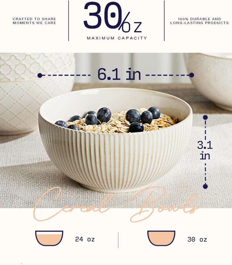 getstar Ceramic Soup Bowls Cereal Bowl Set of 4 with Assorted Embossment 61 inch  30 oz Farmhouse Vintage Color Bowls for Kitchen - Image 3