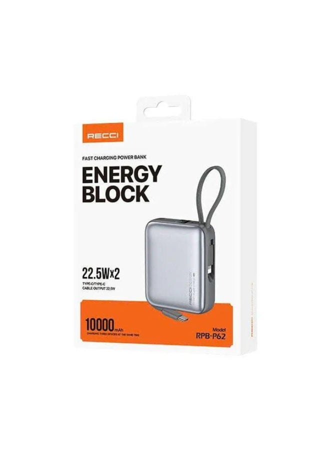 Recci RPB-P62 10000mAh Power Bank with 22.5W Fast Charging, Built-in Type-C Cable, Digital Display, Compact and Portable Design - Image 2