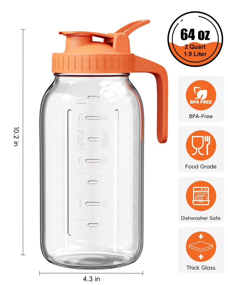 VA1KENE Glass Pitcher with Airtight Lid and Spout, 64oz Mason Jar Pitcher - Wide Mouth, Leakproof Water Jug for Juice, Sun Iced Tea, Cold Brew Coffee, Milk Storage, Orange - Image 2