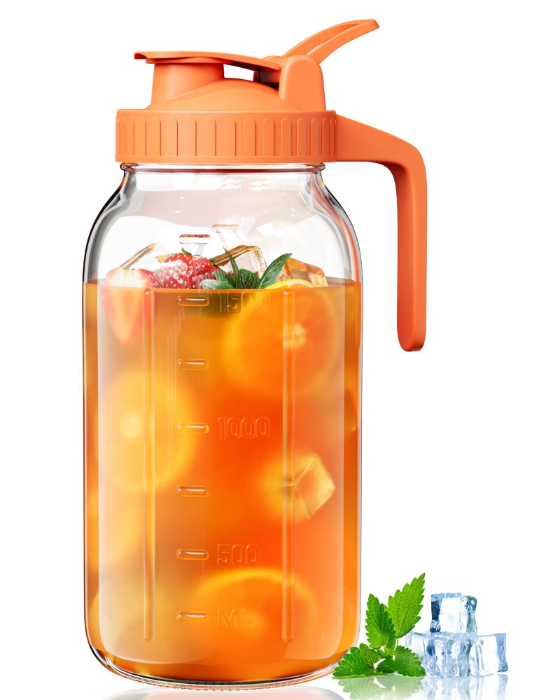 VA1KENE Glass Pitcher with Airtight Lid and Spout, 64oz Mason Jar Pitcher - Wide Mouth, Leakproof Water Jug for Juice, Sun Iced Tea, Cold Brew Coffee, Milk Storage, Orange - Image 1
