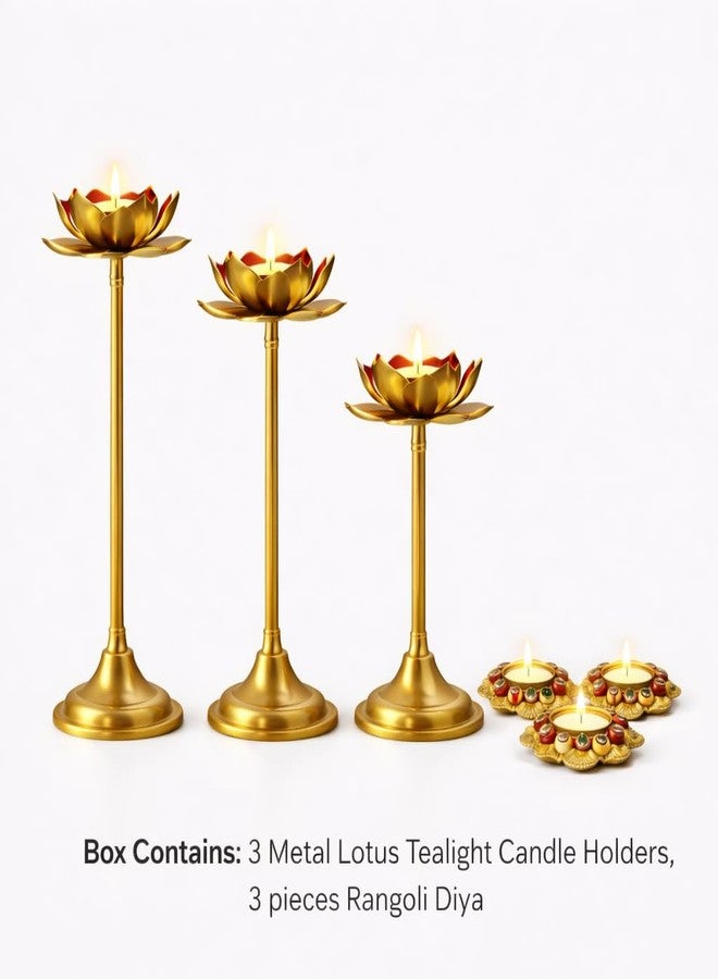 AGAAS Enterprises Metal Lotus Tealight Candle Holder Set of 6 with Rangoli Diya Stand - Gold Diwali Pooja Decoration, Home Décor Table Centerpiece, Festive Gift Set for Housewarming & Navratri - Image 3