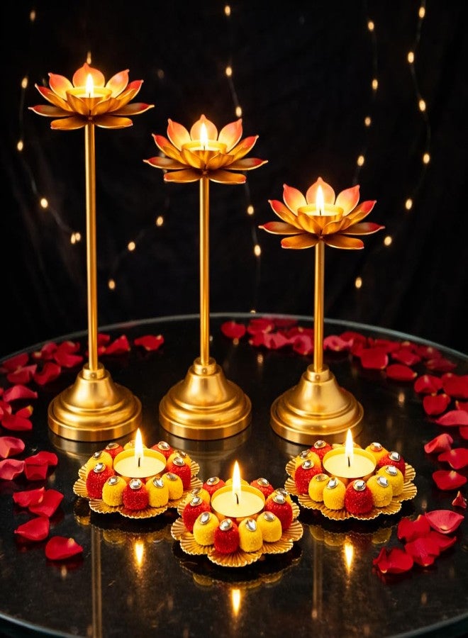 AGAAS Enterprises Metal Lotus Tealight Candle Holder Set of 6 with Rangoli Diya Stand - Gold Diwali Pooja Decoration, Home Décor Table Centerpiece, Festive Gift Set for Housewarming & Navratri - Image 1