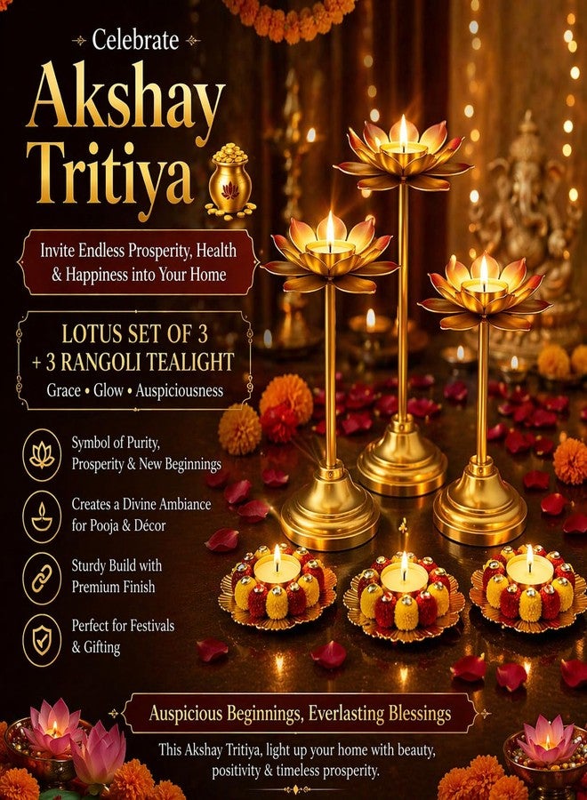 AGAAS Enterprises Metal Lotus Tealight Candle Holder Set of 6 with Rangoli Diya Stand - Gold Diwali Pooja Decoration, Home Décor Table Centerpiece, Festive Gift Set for Housewarming & Navratri - Image 5