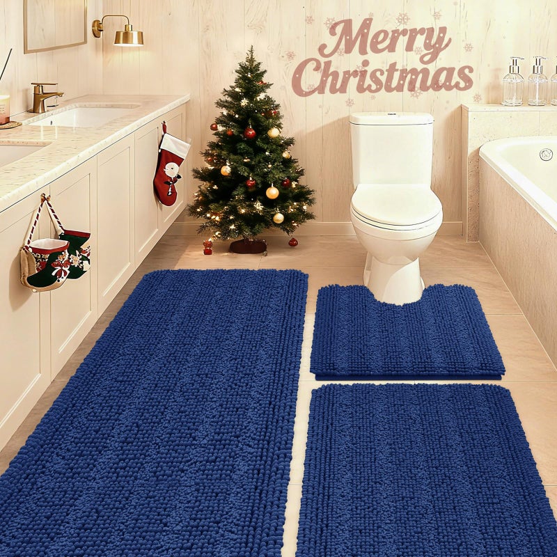 Striped Denim Blue Bathroom Rug Set 3 Pieces Ultra Soft Non Slip Chenille Bath Carpet Absorbent Plush Shaggy Bath Mats for Bathroom Toilet Bedroom Kitchen