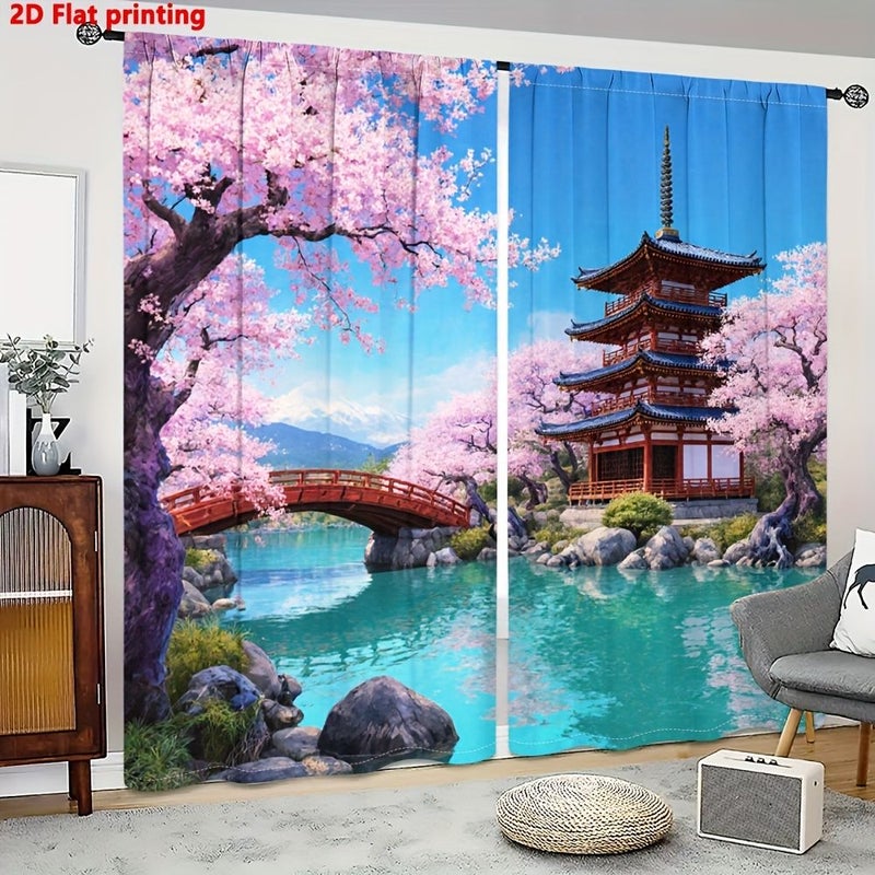 2 Piece Polychrome Cherry Blossom Japanese Pagoda Landscape Curtains 30x65 Inch Traditional Scenic Design Rod Pocket Panel Soft Light Filtering Privacy Protection for Living Room Bedroom Kitchen - Image 1