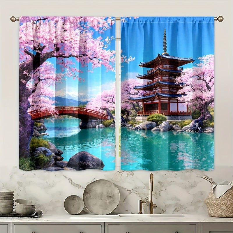 2 Piece Polychrome Cherry Blossom Japanese Pagoda Landscape Curtains 30x65 Inch Traditional Scenic Design Rod Pocket Panel Soft Light Filtering Privacy Protection for Living Room Bedroom Kitchen - Image 2